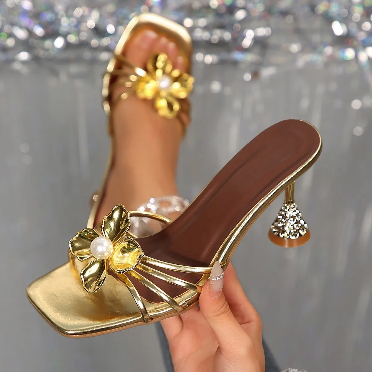 Summer Clothing Offers - Vintage Metal Flower Crystal Cone Heel